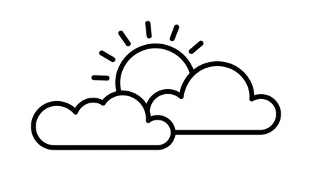 Simple black and white line drawing of sun partially obscured by two clouds