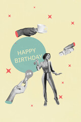 Zine creative vertical photo collage of happy girl guy dance disco birthday party celebration hands offer present festive occasion