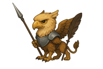 Griffin fantasy character holding spear and quill