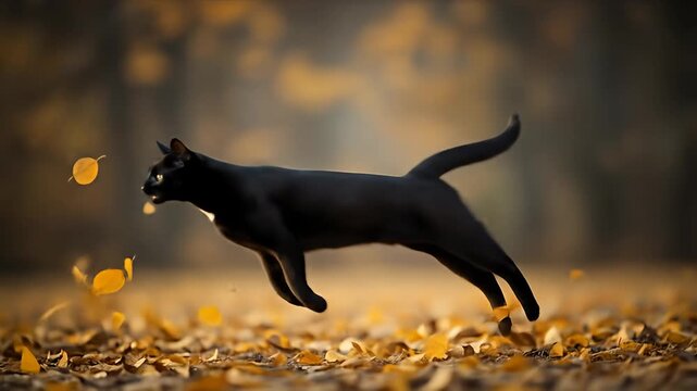 Black cat jumping and playing with autumn leaves in a park.