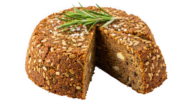 Artisan seed crusted cheese wheel with rosemary garnish