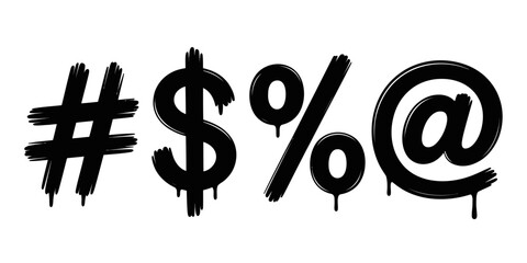 Illustration of a hashtag dollar sign percent and at symbol in black dripping paint