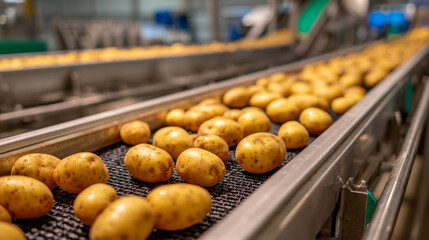 Fresh potatoes moving along an automated conveyor belt inside a modern food processing plant ready for sorting and packaging operations