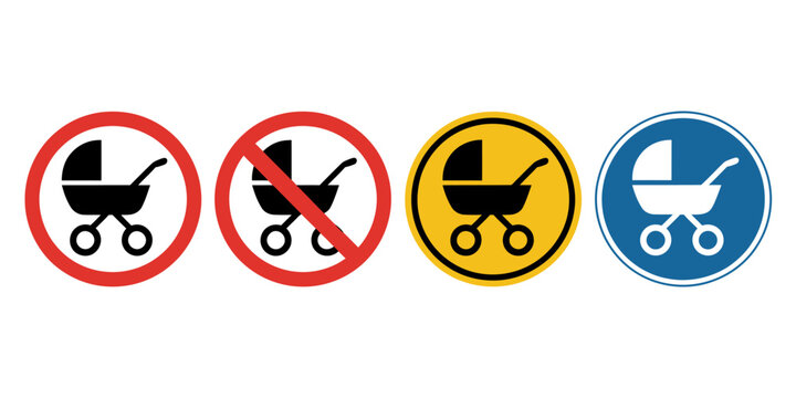 Four circular signs displaying stroller icons in various colors and configurations