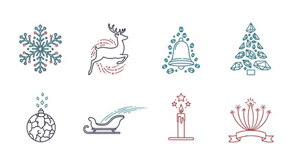 Festive Christmas Icons: A collection of decorative icons embodying the spirit of Christmas, from snowflakes to sleighs. Perfect for holiday-themed design.