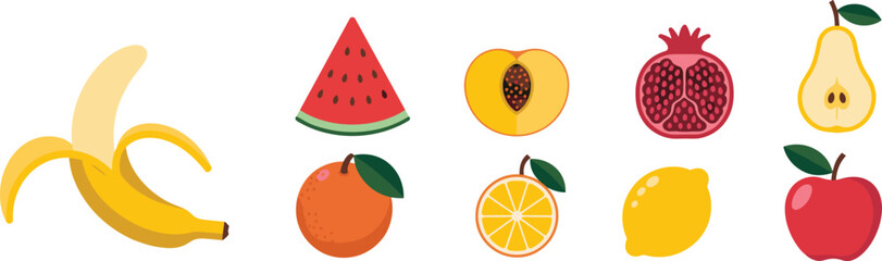 Colorful Vector Illustration of Whole and Halved Fruits: Banana, Watermelon, Peach, Pomegranate, Pear, Orange, Lemon, and Apple, Set on a Clean White Background