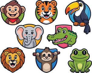 Naklejka premium Cute jungle safari animals vector illustration set featuring smiling exotic wildlife mascots; a perfect graphic collection bundle for children's education, playful branding, and modern vector art adve
