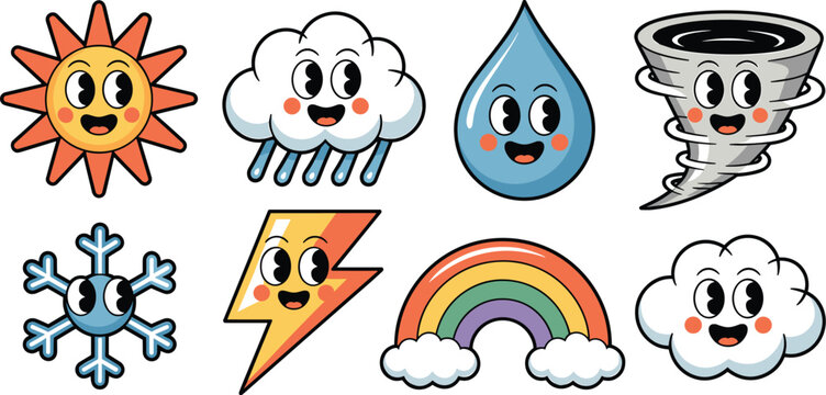 Cheerful retro cartoon weather icons set featuring cute happy sun, rainy cloud, snowflake, lightning bolt, rainbow, and tornado symbols, perfect graphic resources for education, mobile apps, and vinta