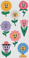 Whimsical collection of happy vintage cartoon flowers and playful botanical characters, illustrated in a cheerful 1930s retro rubber hose style, featuring smiling sun, pink rose, purple tulip, and blu