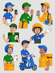 Collection of diverse, cheerful professional courier and delivery service staff characters holding packages, smart phones, and riding a scooter, illustrated in a friendly, modern cartoon vector style