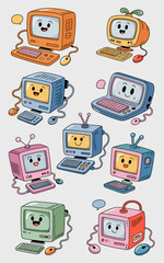 Cute kawaii retro cartoon computer characters illustration pattern featuring happy vintage desktop monitors, keyboards, mice, and classic 90s PC hardware doodles perfect for technology, gaming, or edu