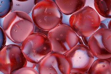 Close-up of translucent red glass pebbles featuring trapped air bubbles, ideal for luxury branding, artistic product visuals, and dramatic abstract background compositions