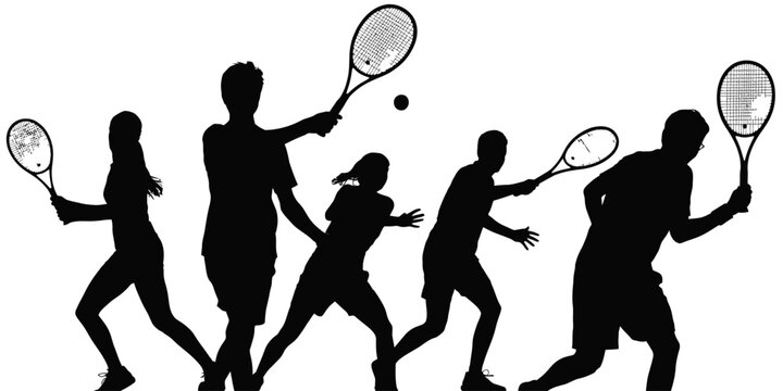 Silhouettes of people playing tennis with rackets and a ball in mid air action
