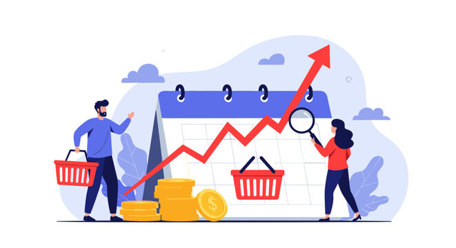Consumers analyzing a rising red arrow graph on a calendar, showing the increasing cost of goods and tracking monthly inflation rates.