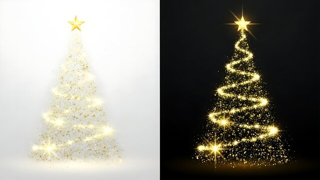 Dual-view composition of a stylized gold particle Christmas tree topped with a radiant starburst