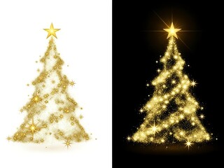 Magical Christmas tree formed by golden stardust and stars, presented on a split white and black canvas