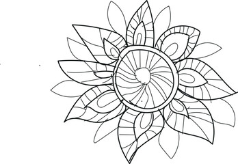 Detailed black and white outline drawing of a stylized sunflower or mandala flower design, perfect for coloring book page
