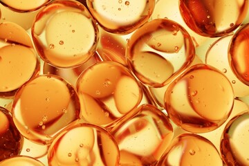 Close-up of translucent amber spheres with suspended bubbles and warm light, perfect for organic product branding, wellness marketing, and premium abstract visuals