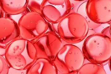 Vibrant red gel beads in close-up with glossy surfaces and trapped bubbles, designed for bold beauty campaigns, luxury branding, and striking abstract visuals