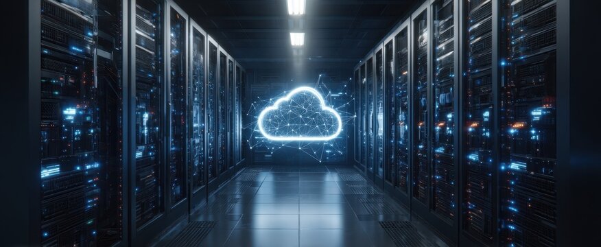 The Cloud Hologram Hovering Between Server Racks in a Futuristic Data Center