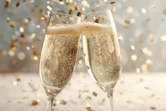 two champagne glasses toasting with falling gold confetti, celebration and new year's eve background