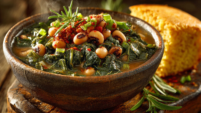 steaming bowl of traditional southern black-eyed peas and collard greens with cornbread