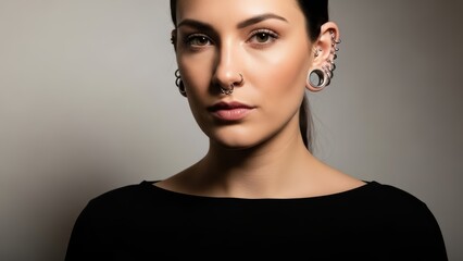 Young caucasian female with piercings and gauges against neutral background