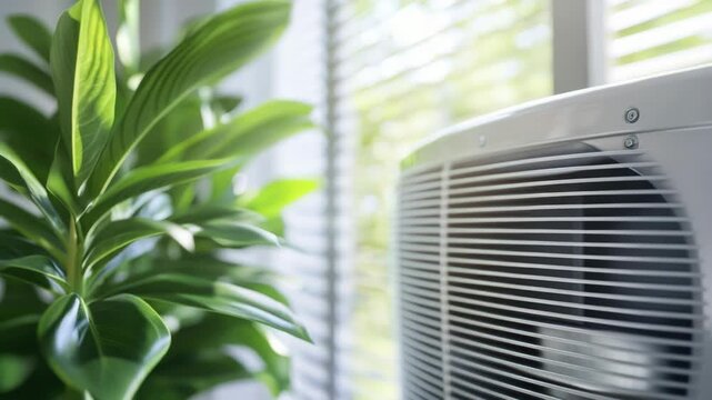 Video A close-up of an air conditioner unit with a green plant placed beside it