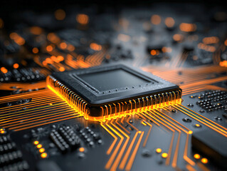 Futuristic close-up of a glowing microchip on a digital circuit board with illuminated orange pathways symbolizing advanced technology and connectivity