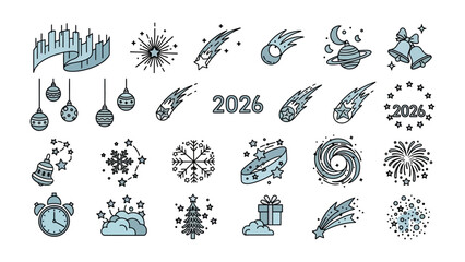 New Year's Icon Pack: A collection of various icons representing the new year of 2026. This pack is filled with themes of festive joy, celestial wonder and holiday season!