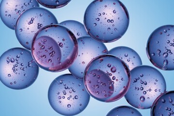 Transparent spheres with cellular-like inclusions on a blue background, ideal for scientific visuals, medical branding, and futuristic abstract design concepts