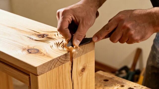 Craftsman hands working on smooth lighttoned timber furniture pieces highlighting organic patterns and tactile surfaces.