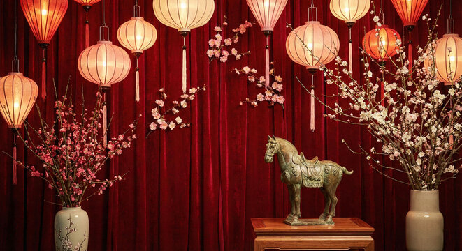 Traditional chinese new year decorations with lanterns and horse statue