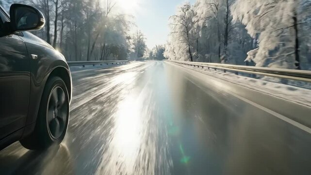 Winter road journey: car driving on icy highway with frostcovered trees at sunrise