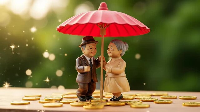 Elderly couple figurines under red umbrella with falling gold coins on wooden table and green background