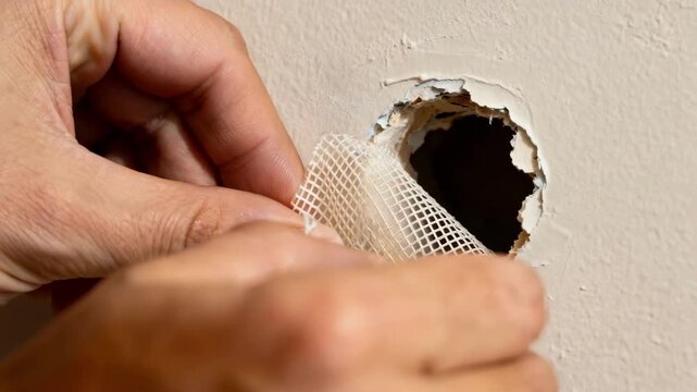 Closeup of a person applying mesh patch on a drywall hole showing detailed texture and smooth repair process in an indoor setting.