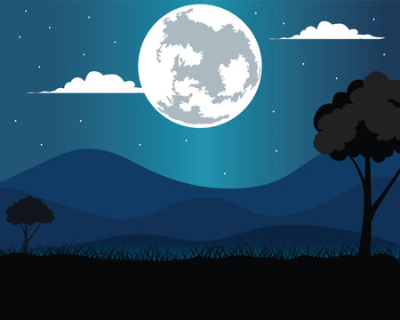 Night landscape with moon. Night sky with full moon, stars and clouds. Moonlit night sky background with stars. Universe background design. Wallpaper, template Vector illustration.