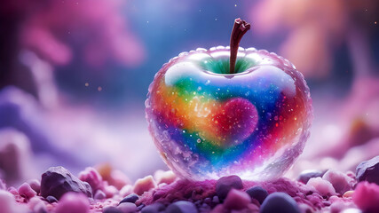 
Luxurious crystal apple with a heart on an abstract background.