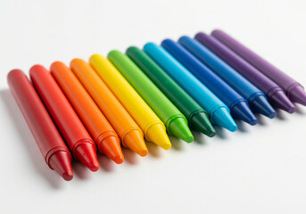 BlueRow of colorful rainbow wax crayons on white background