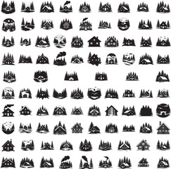 Winter cabin panoramic forest silhouette isolated on white background