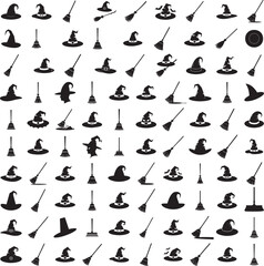 Witch hat and broomstick silhouette isolated on white background