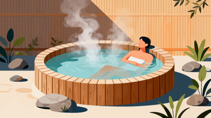 This serene illustration depicts a woman relaxing in a steaming hot spring (onsen), surrounded by rocks and lush greenery, with a calm, content expression on her face.
