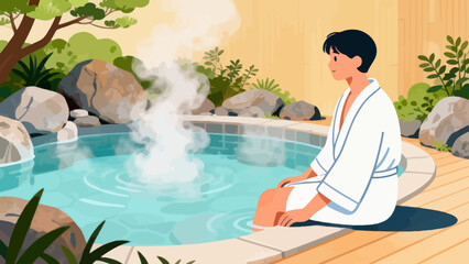 This serene illustration depicts a woman relaxing in a steaming hot spring (onsen), surrounded by rocks and lush greenery, with a calm, content expression on her face.