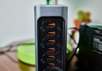 USB port. USB-C connectors on a multiport battery charger