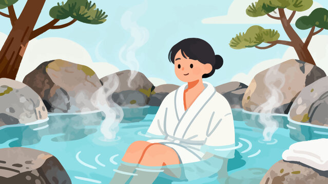 This serene illustration depicts a woman relaxing in a steaming hot spring (onsen), surrounded by rocks and lush greenery, with a calm, content expression on her face.