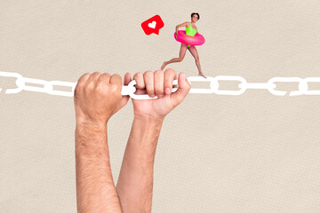 3D collage poster trend artwork sketch of huge hand hold metal chain justice law fraud security young lady swimwear summer season pool run