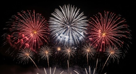 Explosive bursts of red, gold, and white fireworks light up the night sky in celebration.