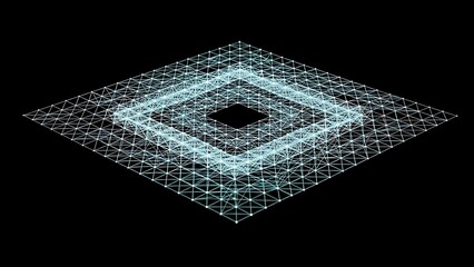 Abstract glowing geometric diamond shape with intricate network of lines and particles