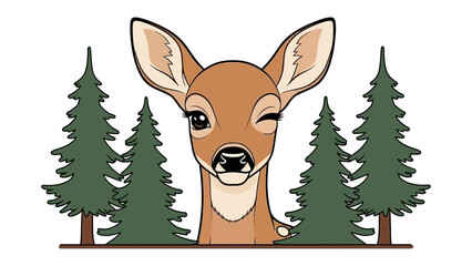 Playful Deer in Forest: A whimsical illustration of a deer winking with several trees, creating a charming scene. 