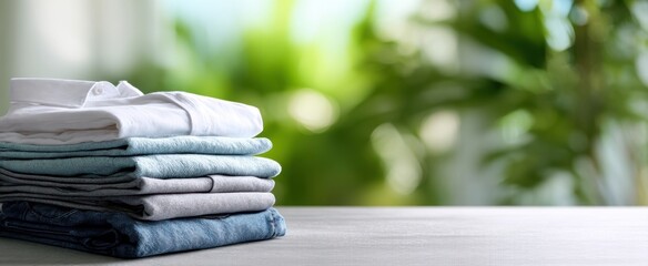The Stack of Folded Clothes on a Light Wooden Table with Green Background